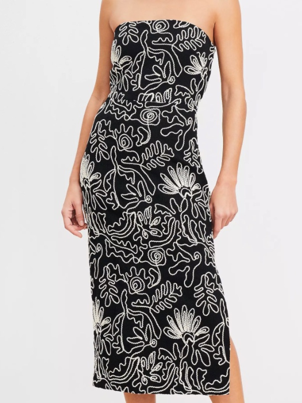 LOFT Black Strapless Midi Dress White Tropical Line Embroidered Print NWT